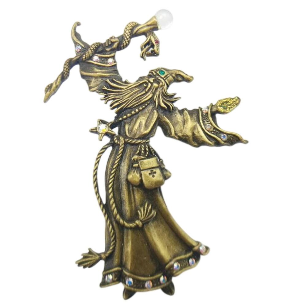 Rare JJ Jonette Artifacts Wizard w/Staff and Snake Brooch– Vintage Sorcerer Pin